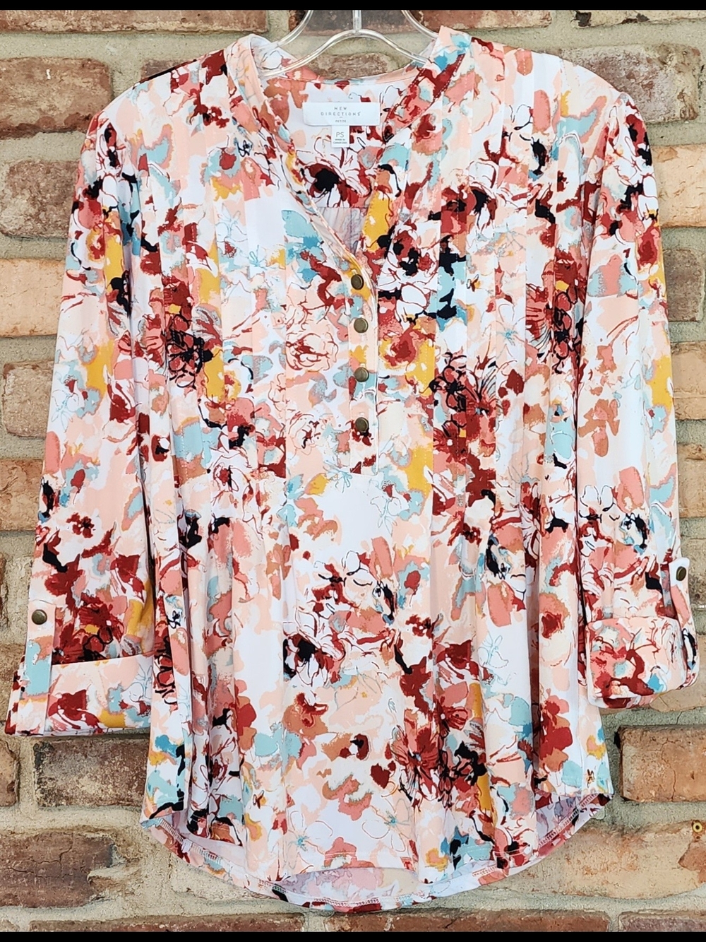 New Directions Multi-Color Watercolor Floral Henley Tunic Petite Small